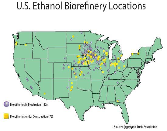 Figure 1.  Locations of biorefineries as of January 29, 2007