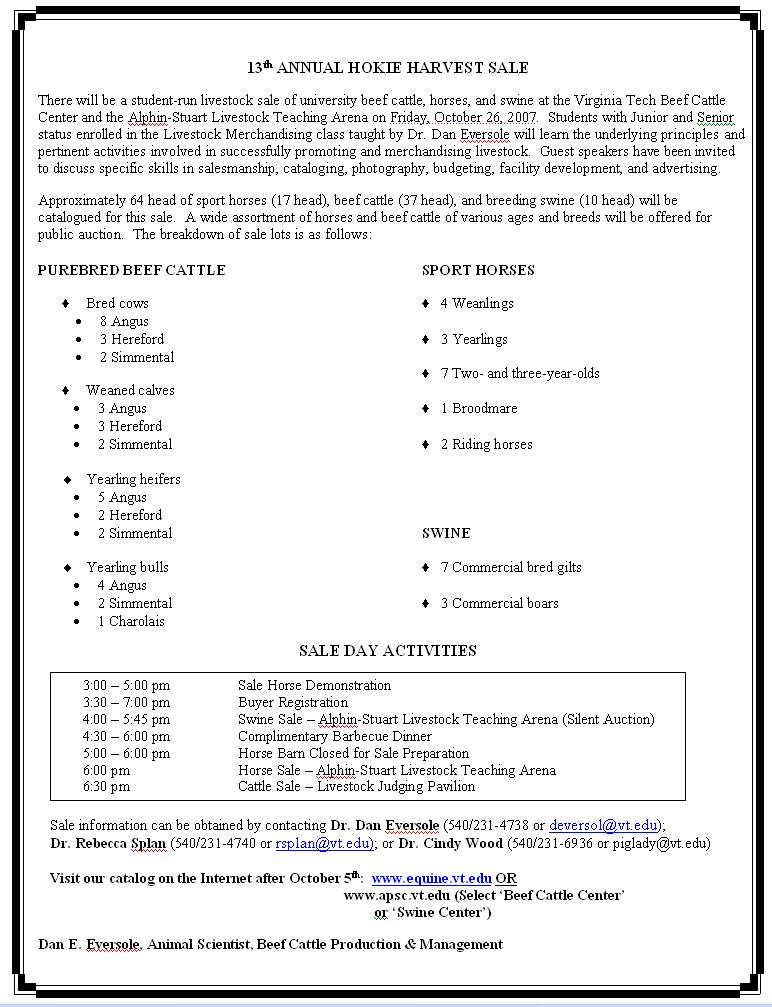 13TH ANNUAL HOKIE HARVEST SALE INFORMATION