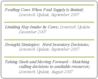 Rounded Rectangle: Feeding Cows When Feed Supply is limited; Livestock Update, September 2007  Limiting Hay Intake by Cows; Livestock Update, December 2007  Drought Strategies:  Herd Inventory Decisions; Livestock Update, September 2007.  Taking Stock and Moving Forward – Matching culling decisions to available resources; Livestock Update, August 2007   